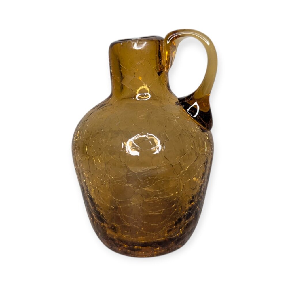 Vintage Pilgrim Amber Crackle Art Glass Mini Jug 4" Tall Hand Blown w/ Handle